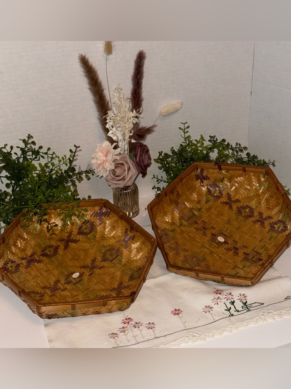 Handwoven vintage bamboo hexagonal baskets, Southeast Asian
